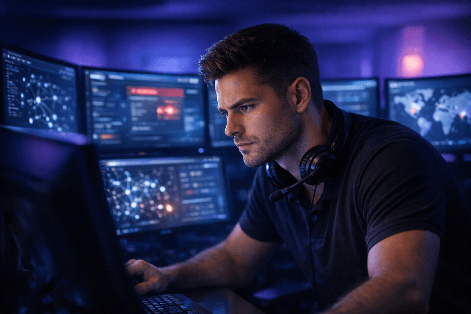 IT director reviewing threat intelligence at workstation