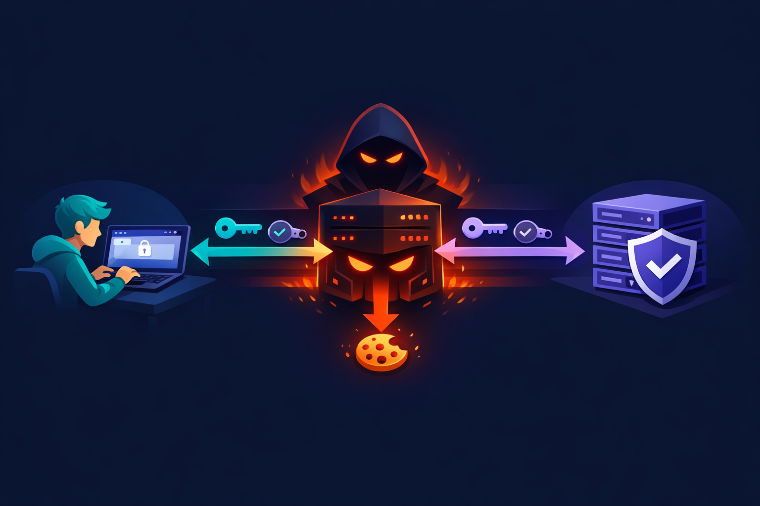 Diagram showing how an Adversary-in-the-Middle proxy intercepts credentials and session tokens between the user and the legitimate server